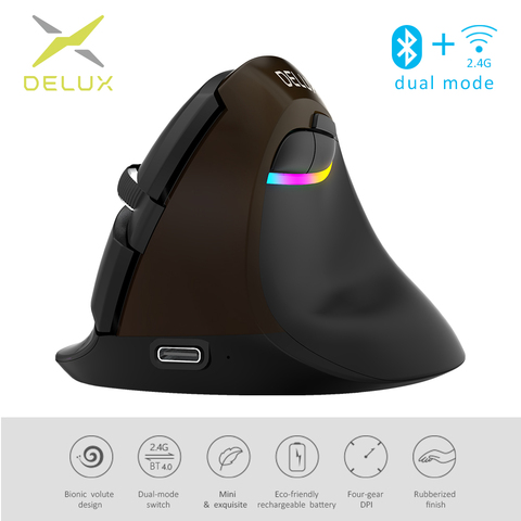 Delux M618 Mini Jet Black Wireless Mouse Bluetooth 4.0+2.4GHz dual mode Rechargeable Silent click Vertical Mice For PC ► Photo 1/6