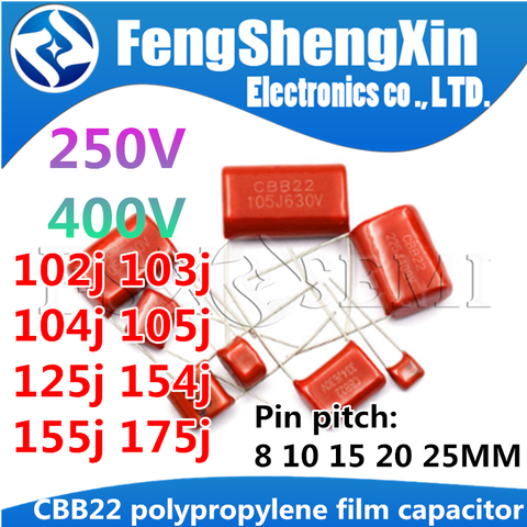 10pcs CBB22 Metallized polypropylene film capacitor 250V/400V 102J/103J/104J/105J/115J/125J/154J/155J/175J ► Photo 1/6