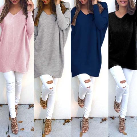 Fashion Sweater Women V Neck Long Sleeve Tunic Pullover Sweaters Casual Loose Knitted Sweater Solid Color Women's Sweater ► Photo 1/6