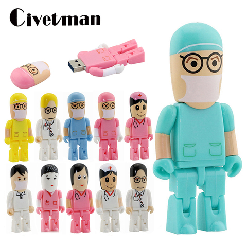 Cartoon Pen Drive Doctor Robot Model USB 2.0 Flash Memory Stick 8GB 16GB 32GB 64GB 128GB 256GB Nurse USB Flash Drives Thumbdrive ► Photo 1/6