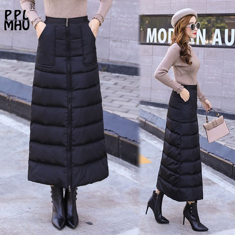 Winter Women Elastic High Waisted Black Down Skirt Thick Warm zipper Slim A word skirt female New Fashion Plus Size 4XL Skirt ► Photo 1/6
