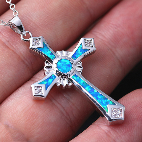 Fashion Necklace Charm White/Green/Blue Imitation Fire Opal Cross Pendants Necklaces For Women/Men Accessories  Jewelry Party Gi ► Photo 1/6