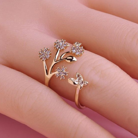 Luxury Crystal Butterfly Tree Leaf Wedding Rings for Women Fashion Engagement Jewelry White Crystal Open Adjustable Finger Ring ► Photo 1/5