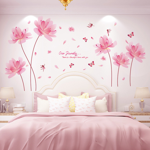 [shijuekongjian] Pink Color Flowers Wall Stickers DIY Plant Elf Wall Decals for Living Room Bedroom Kitchen House Decoration ► Photo 1/6