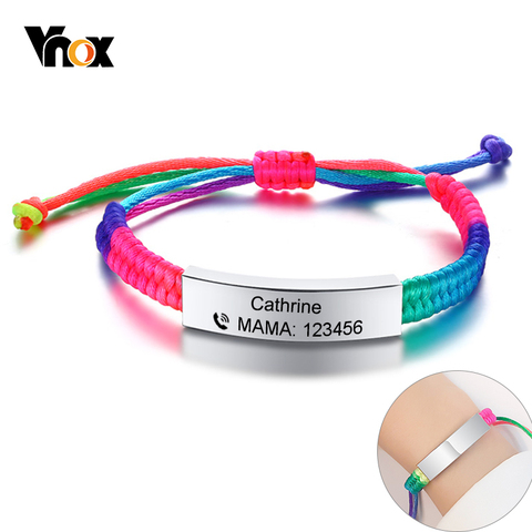 Vnox Adjustable Customize Name Emergency Contact Bracelets for Kids Baby Handmade Braided Rainbow Colorful Rope Girls Boy Bangle ► Photo 1/6