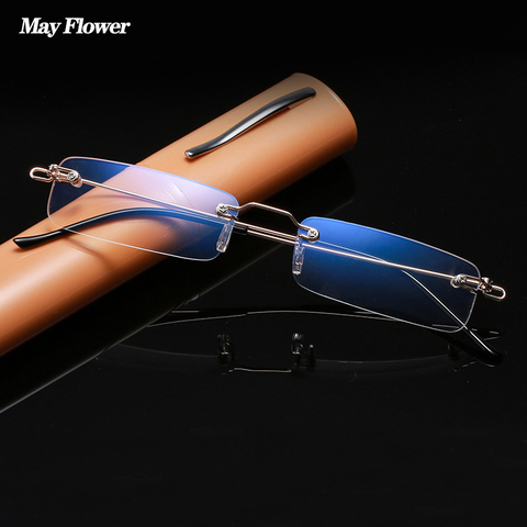 May Flower Anti-Blue Rimless Reading Glasses Mini Square Metal Presbyopic Eyewear With Pen Tube Case Eyeglasses Men Women +3.5+4 ► Photo 1/6