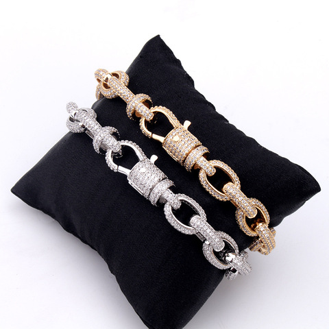 11.5mm Hip Hop AAA Cubic Zirconia Paved Spring Button Bling Iced Out O Shape Link Chain Bangle Bracelet for Men Rapper Jewelry ► Photo 1/6