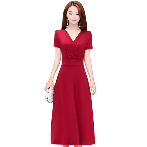 New Arrival Women Red Sexy A Line Dress Vintage Short Sleeve Casual Elegant Dresses V Neck Party Retro Vestidos ► Photo 1/6