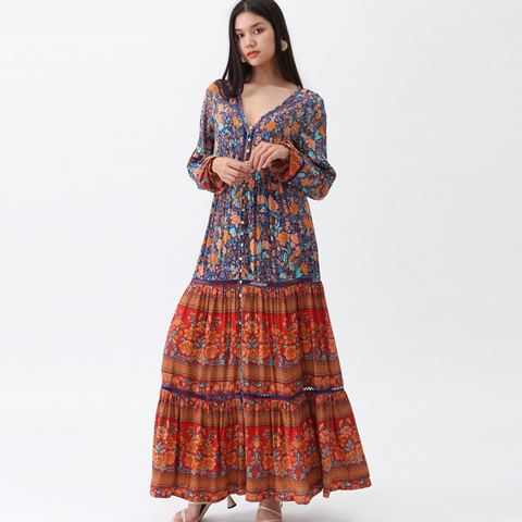 TEELYNN Maxi Dress rayon orang floral print sexy v-Neck long sleeve boho Dresses Gypsy long women dresses 2022 Bohemia vestido ► Photo 1/6