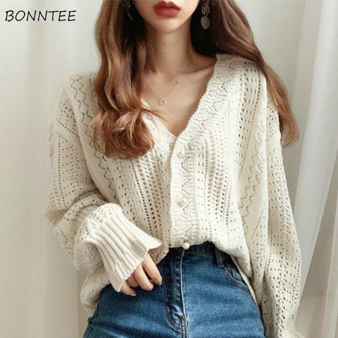 Cropped Cardigan Women Spring Chic Hollow Out Elegant V-Neck Korean Vintage Femme Jumper White Sweet Girls Pearls Lady Knitwear ► Photo 1/6