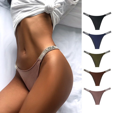 Women Briefs Bikini Bottom Brazilian Thong High Cut Sexy Lettere Rhinestones Belt G-string Fashion Tanga Silk Touched ► Photo 1/6