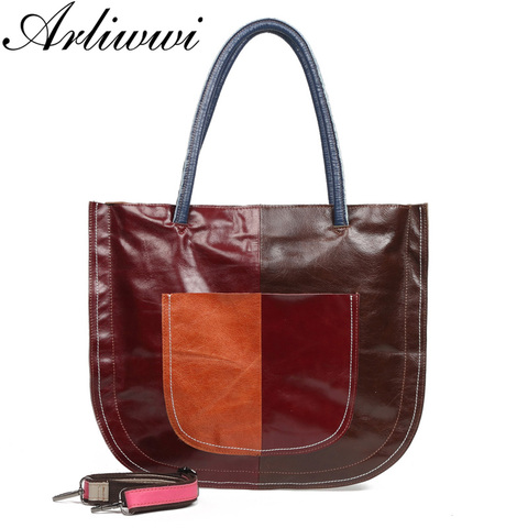 Arliwwi Brand Women's Real Oil Wax Cow Leather Bags Patchwork High Quality Genuine Leather Shoulder Handbags For Lady G17 ► Photo 1/6