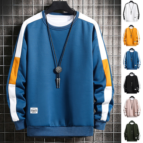 Long Sleeve Harajuku Sweatshirts Men 2022 New Fashion 6 Color Hoodie Mens Casual O-Neck Patchwork Sweatshirt for Young Men ► Photo 1/6