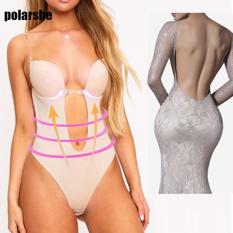 Deep V Women's  Backless Bodysuit Shaper Bra Seamless U Plunge Cup Invisible Push Up Bra Convertible Body Shaper for Wedding ► Photo 1/6