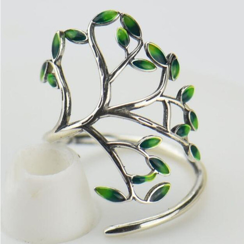 Top Quality Vintage 925  Ring Women Men Enameled Green Leaves Tree of Life Trendy Party Wedding Jewelry ► Photo 1/5