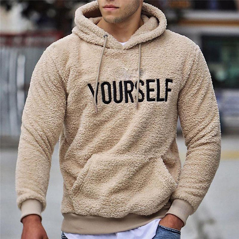 Autumn Winter Men Warm Plush Fleece Hoodie Sweatshirts Casual Long Sleeve Letter Print Hooded Pullover Top With Kangaroo Pocket ► Photo 1/6