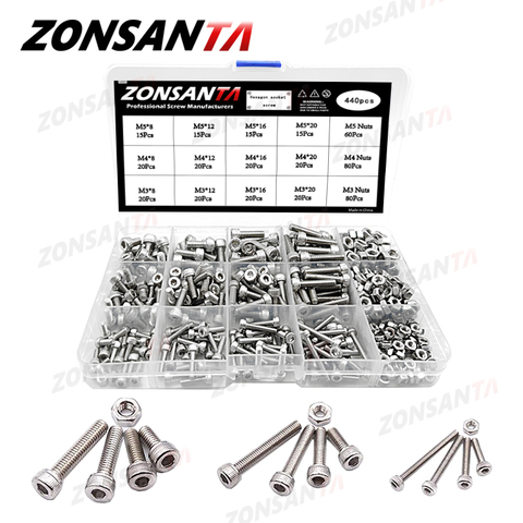 ZONSANTA 440Pcs Hexagon Hex Socket Head Cap Screw Set M3 M4 M5 304 Stainless Steel Machine Screw DIY Hex Socket Cap Bolt Nut Set ► Photo 1/6