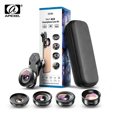 APEXEL Professional 5 in 1 Camera phone lens kit 4K HD Wide macro Telescope super Fisheye Lens for iPhone Samsung all smartphone ► Photo 1/6