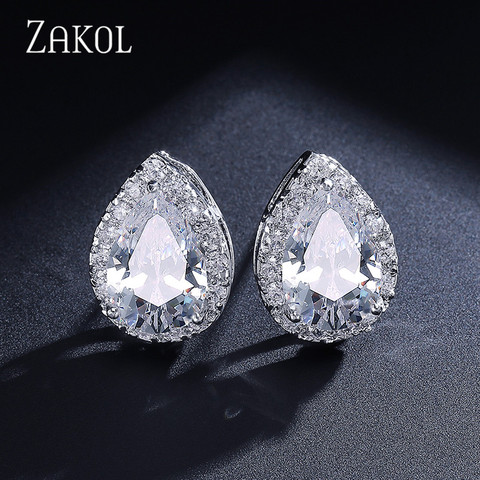 ZAKOL Fashion Big Pear Cubic Zircon Stud Earrings with Tiny Crystal Exquisite White Color Bridal Wedding Jewelry Aretes FSEP001 ► Photo 1/6