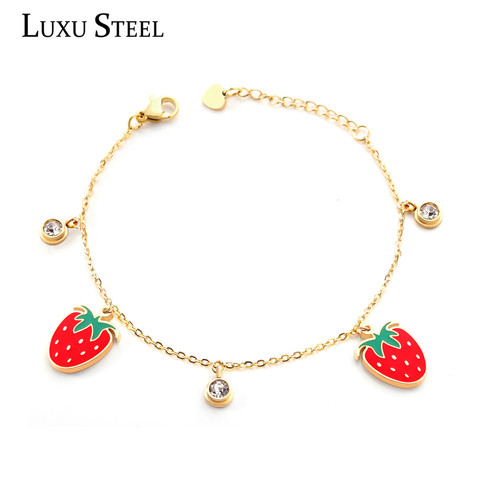 LUXUSTEEL Cute Baby Girl Strawberry and Round Cubic Zirconia Chains Bracelets Best Friend Stainless Steel Collier Bangles Mujer ► Photo 1/5