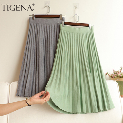 TIGENA Korean School Knit Midi Skirt Women Fashion 2022 Autumn Winter Casual Knee Length High Waist Pleated Skirt Female Green ► Photo 1/6