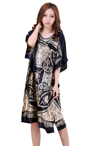 Plus Size Summer Women's Faux Silk Nigh Robe Black Lady Bath Gown Nightgown Bathrobe Sleepwear Mujer Pijama Flower Zh07C ► Photo 1/6