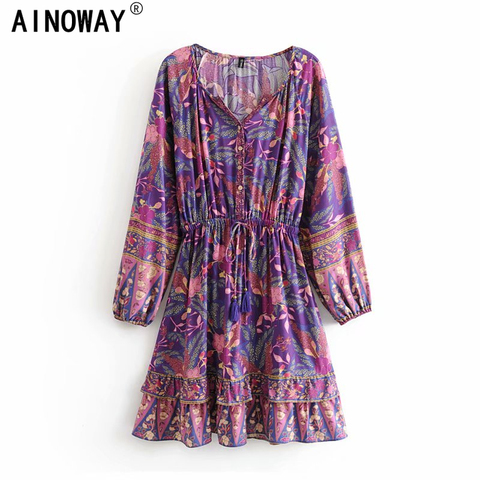 Vintage chic women hippie floral print  V-neck  Bohemian mini dress ladies long sleeve slestic waist rayon Boho dresses vestidos ► Photo 1/6