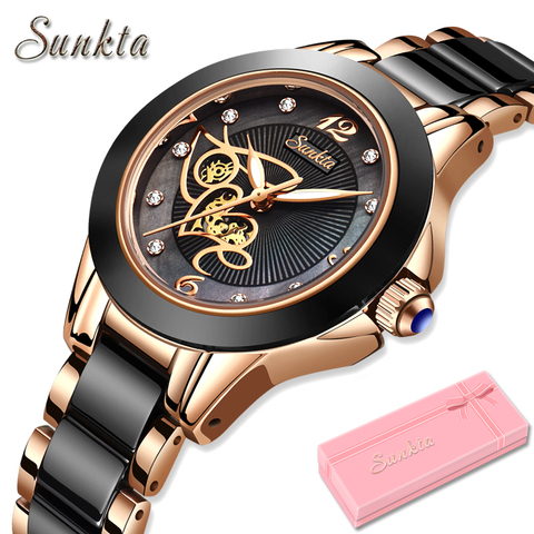 SUNKTA Diamond Surface Ceramic Strap Fashion Waterproof Women Watches Top Brand Luxury Quartz Watch Women Gift Relogio Feminino ► Photo 1/6