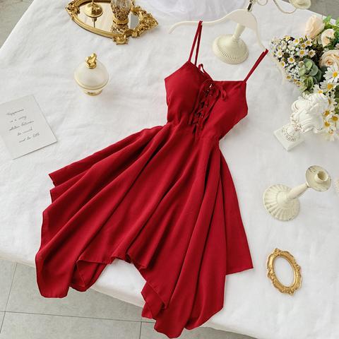 FMFSSOM Women Sexy Spaghetti Strap Dresses Summer Female V Neck Sleeveless High Waist Dress Ladys Sash Tie Up Dress ► Photo 1/6