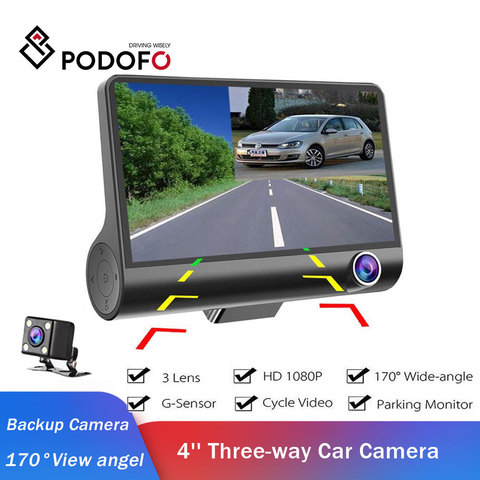 Podofo Car Camera 4'' Three-way Video Registrator 170 degree Wide Angle Dash Cam Video Recorder G-sensor Dashcam for Car DVR cam ► Photo 1/6