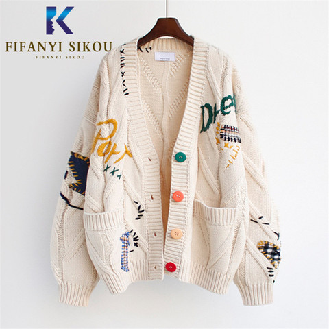 2022 Autumn Winter Women Cardigan Warm Knitted Sweater Jacket Pocket Embroidery Fashion Knit Cardigans Coat Lady Loose Sweaters ► Photo 1/6