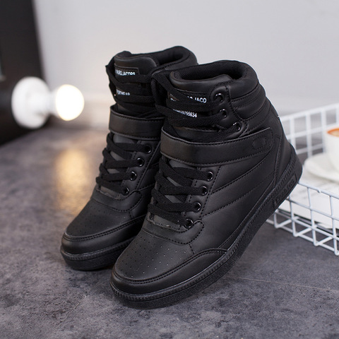 Women Sneakers Hidden Height Increasing autumn winter shoes PU Leather Shoes Woman High Top White Black Shoes ST213 ► Photo 1/6