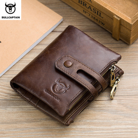 BULLCAPTAIN Genuine Leather RFID Men Wallet Credit Business Card Holders Double Zipper Cowhide Leather Wallet Purse Carteira 021 ► Photo 1/6