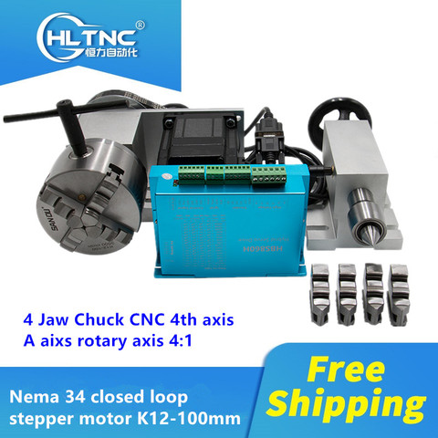 Free shipping Nema 34 closed loop stepper motor (4:1) K12-100mm 4 Jaw Chuck  4th axis A aixs rotary axis + tailstock for router ► Photo 1/6