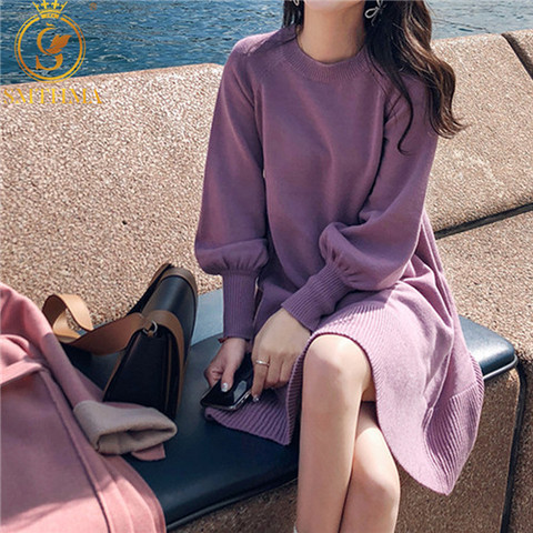 New Spring Korea Dress Women Knitting Oversize Autumn Midi Dress Lantern sleeve Fashion Sweater Dresses ► Photo 1/6