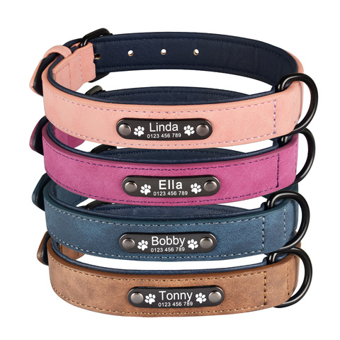 AiruiDog Personalized Leather Dog Collar Free Engraved Name ID Puppy Collar Tags XS S M L ► Photo 1/6