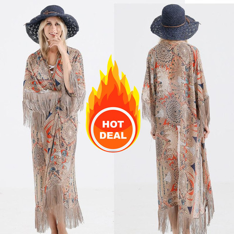 2022 Retro Printed Half Sleeve Chiffon Cardigan Kimono Boho Fringed Tassels Bikini Cover Up Ankle Length Cape Beach Swimsuit ► Photo 1/6