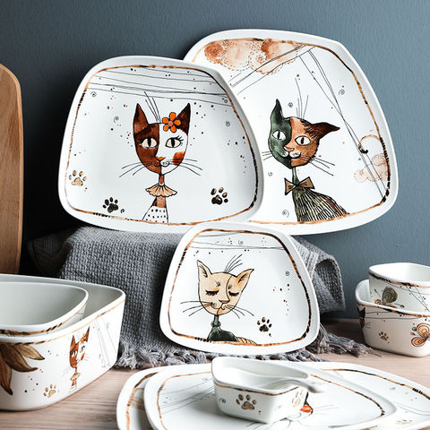 Cute Cartoon Cat Ceramic Tableware Household Soup Noodle Bowls Fruit Steak Food Plate Dishes Creative Porcelain Dinnerware Set ► Photo 1/6