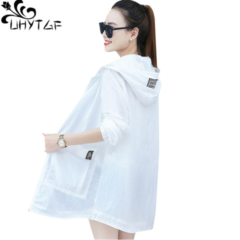 UHYTGF hooded plus size sun protection clothing women solid color wild thin coat Anti-UV breathable outdoor summer tops coat 815 ► Photo 1/6