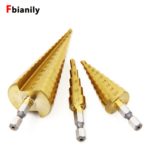 3pc Hss step drill bit set cone hole cutter Taper metric 4 - 12 / 20 / 32mm Step Cone Cutt Woodworking Wood Metal Drill Bit Set ► Photo 1/6