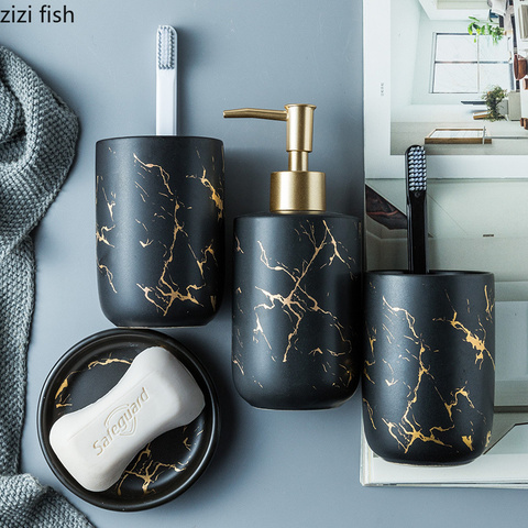 Nordic Matte Gold Ceramics Bathroom Accessories Set Soap Dispenser/Toothbrush Holder/Tumbler/Soap Dish luxurious Washing Set ► Photo 1/6