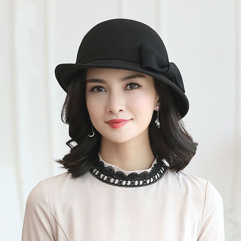 Mother Gift Women Winter 100% Wool Felt Cloche Hats Lady Elegant Up-turn Brim Bowknot Fedora Hat ► Photo 1/6