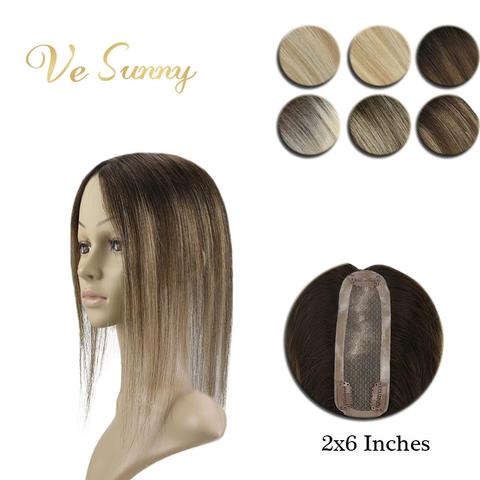 VeSunny Crown Hairpiece Mono Base Topper Real Human Hair Hand Made Toupee with 3 Clips 2x6 inches Balayage Highlighted Color ► Photo 1/5