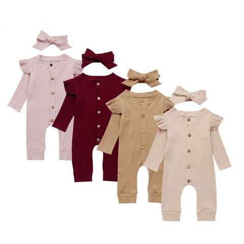 Baby Spring Autumn Clothing Newborn Baby Girl Boy Ribbed Clothes Knitted Cotton Romper Jumpsuit Solid 2PCS Outfits ► Photo 1/6