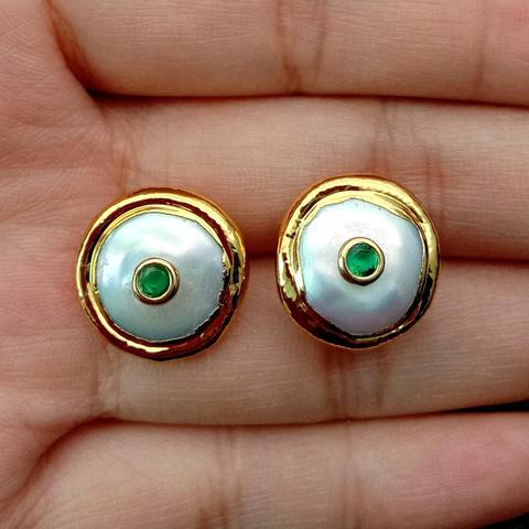 YYGEM 16mm Freshwater White Coin Pearl Green Cz 24K Gold filled Stud  Earrings ► Photo 1/5