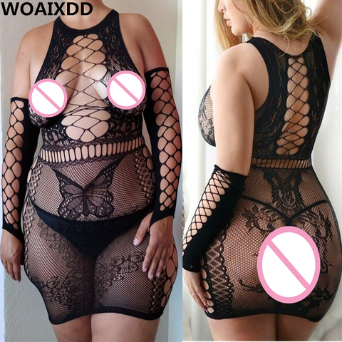 Plus Size XXXL Sexy Women Fishnet Lingerie Sleepwear Baby Doll Dress Catsuit Hot Erotic Sexy Costumes Femme Porno Mini Dresses ► Photo 1/6