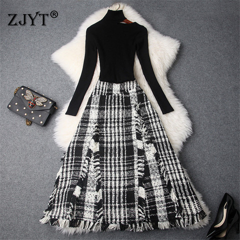 2022 Autumn Fashion Women Runway Suit New Designer Off Shoulder Turtleneck Knit Sweater Top and Woolen Skirt 2Piece Set Outfit ► Photo 1/6