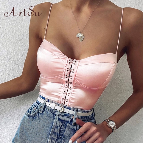 Artsu Elegant Pink Satin Bodysuits Sleeves Straps Tops Women Bodysuit Bodycon Lace Up jumpsuits 2022 Summer Clothes ► Photo 1/6