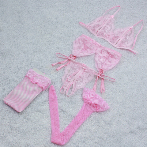 4 Pcs Lace Lingerie Set Sexy Women Floral Bra Set Push Up Underwear Open Bras String Garters Net Stockings Brief Set Black Pink ► Photo 1/6