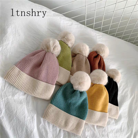 2022 new Women Winter Bonnet Soft Thick Fleece Lined Dual Layer Knitted Beanie With Faux Fur Pom Pom Hats Fashion Outdoor Sports ► Photo 1/6